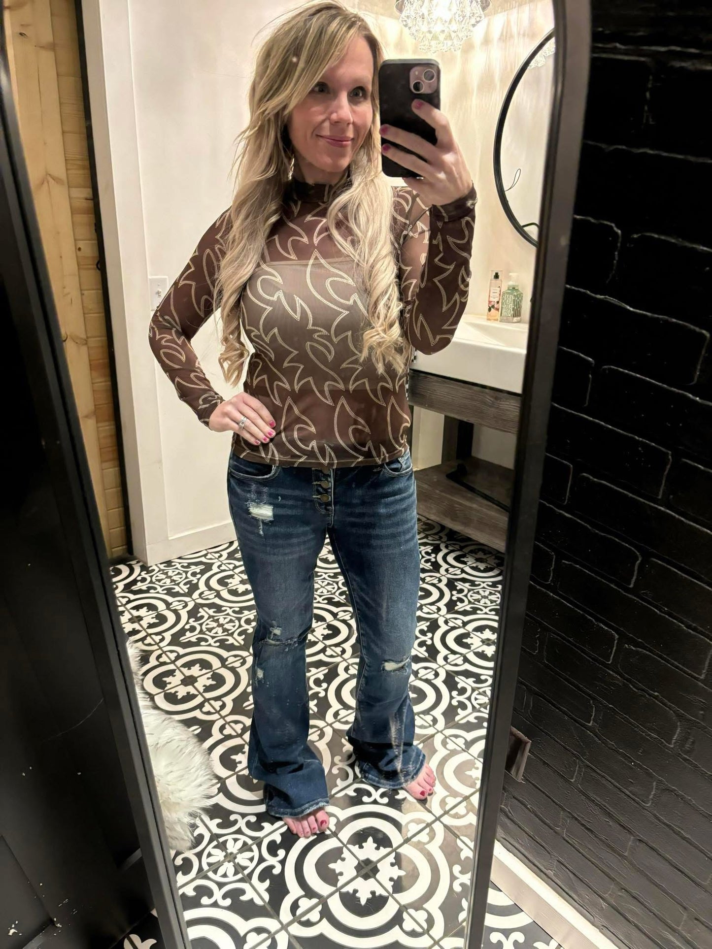 Boots Stitch Throughout Mesh Mock Neck Fitted Top