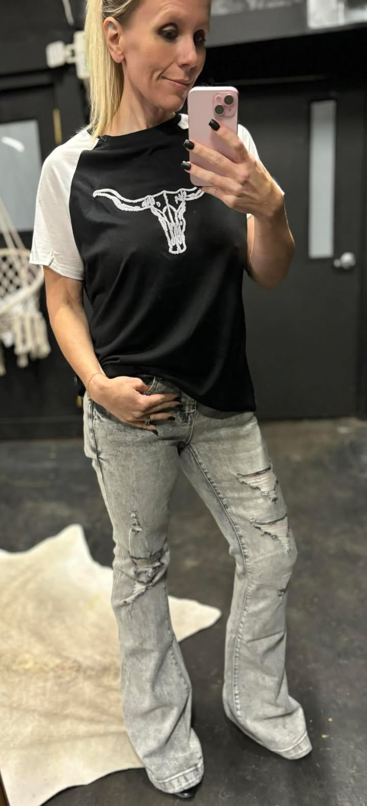 Destroyed mid rise stretch flare with trouser hem