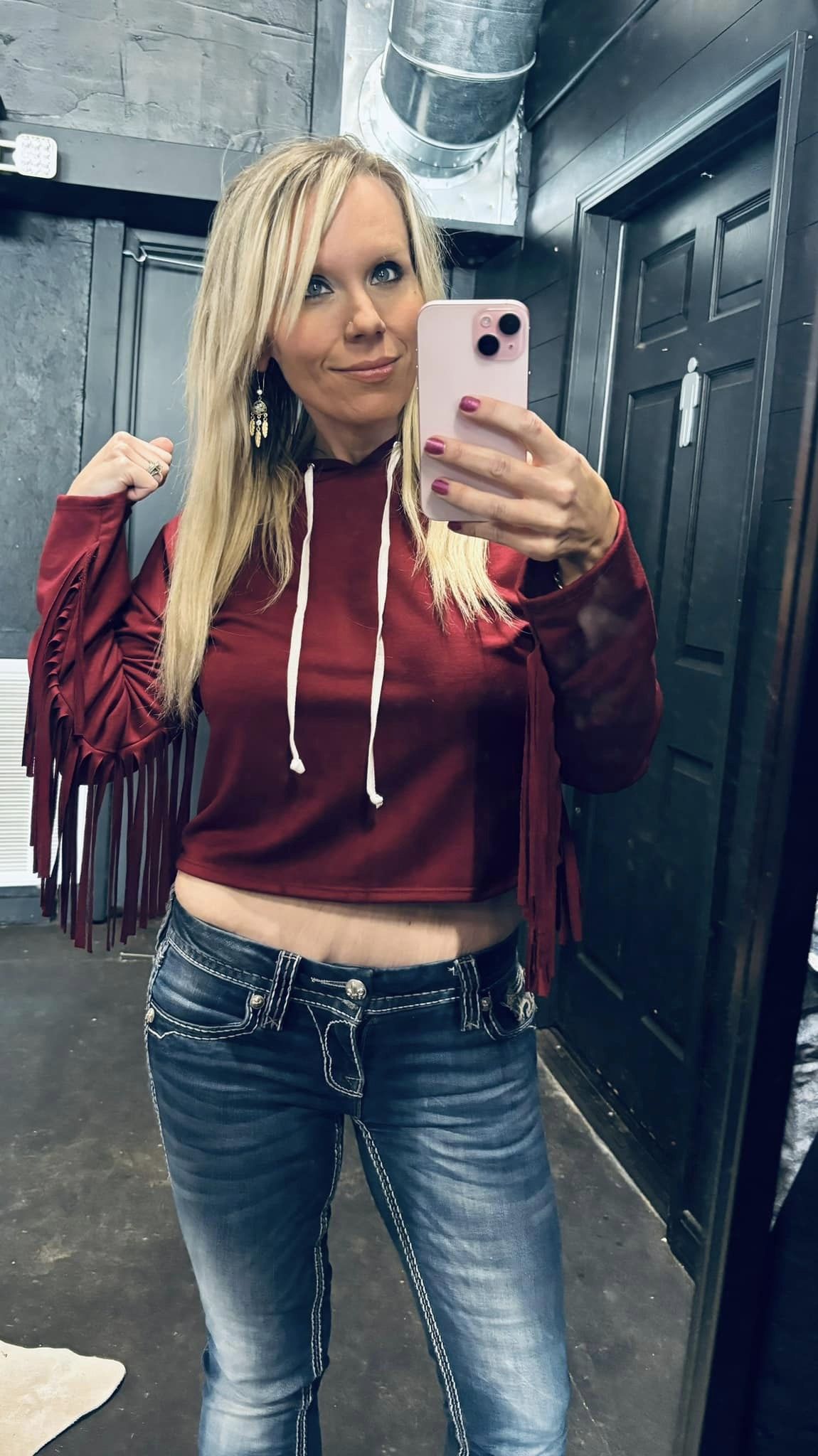 Burgundy Long Sleeve Fringe Crop Drawstring Hoodie