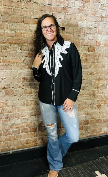 Black Button Down Shirt W White Embroidery Yoke