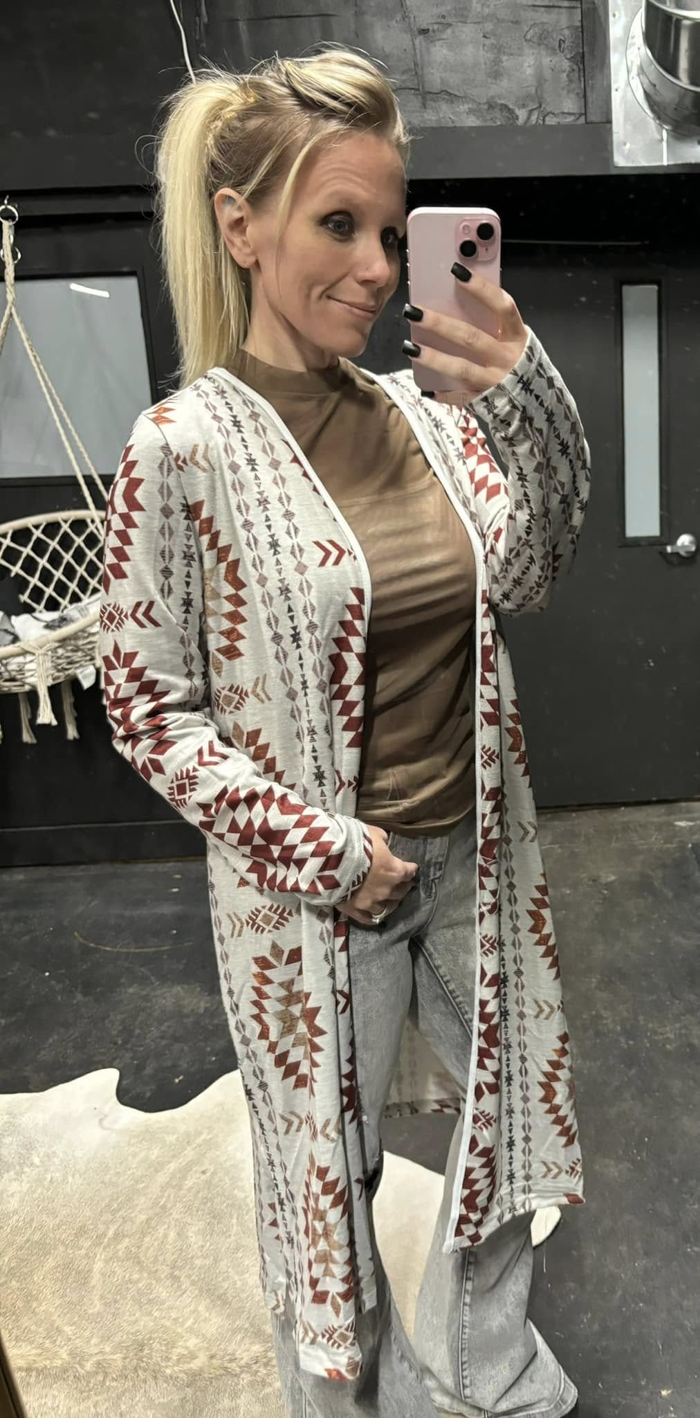 Aztec Open Front Long Cardigan