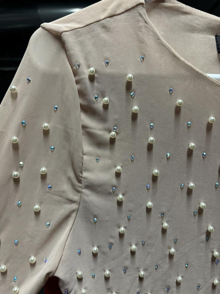 Cream Pearl Studded Long Sleeve Crop Top
