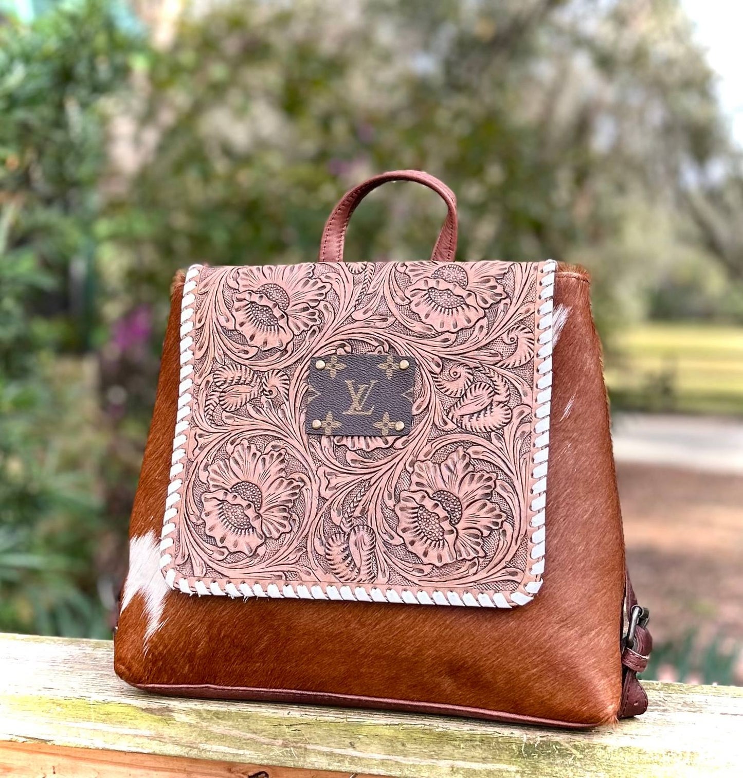 Upcycled LV Tooled Leather Cowhide Backpack Shoulder Bag