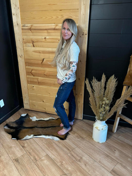 Lucky and blessed dark wash boyfriend jeans