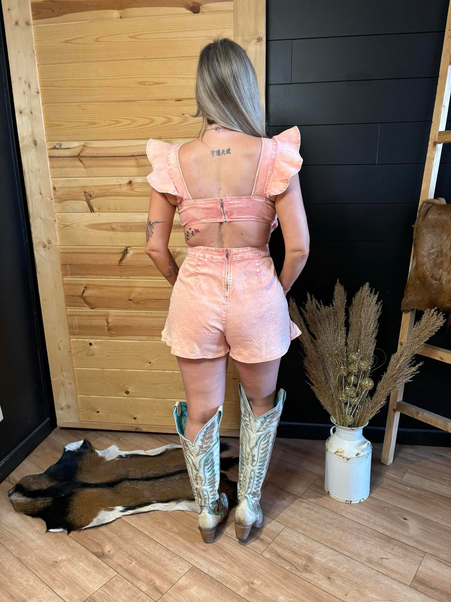 Acid wash twill romper