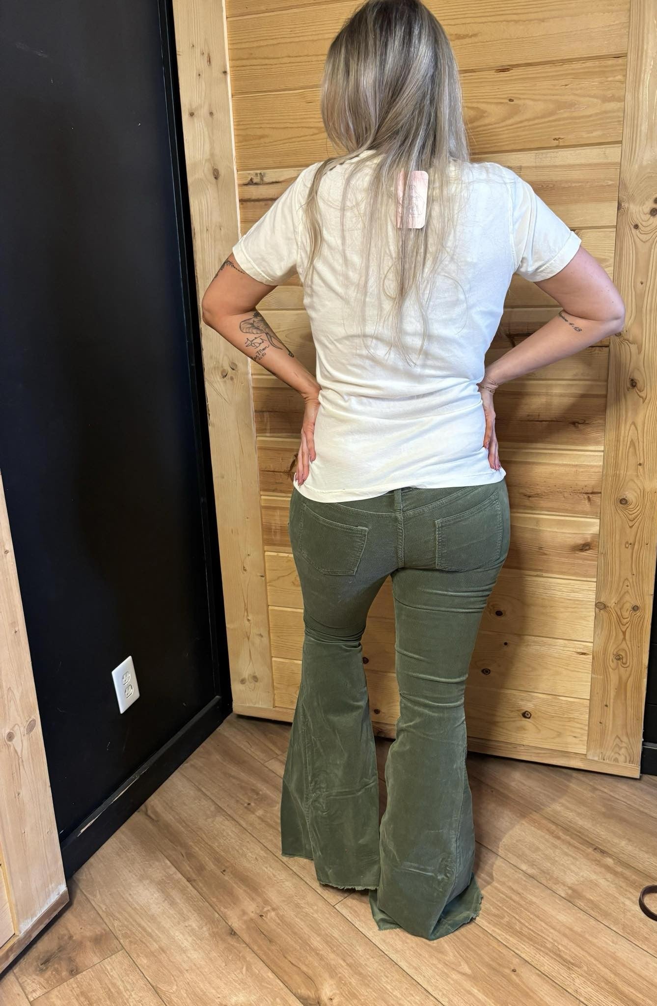 Olive Corduroy Flares with distressed hem