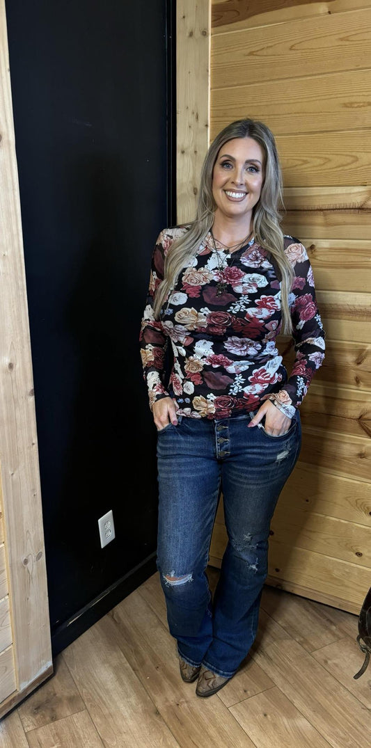 Mesh Floral Print Mock Neck Long Sleeve Slim Top | S-XL