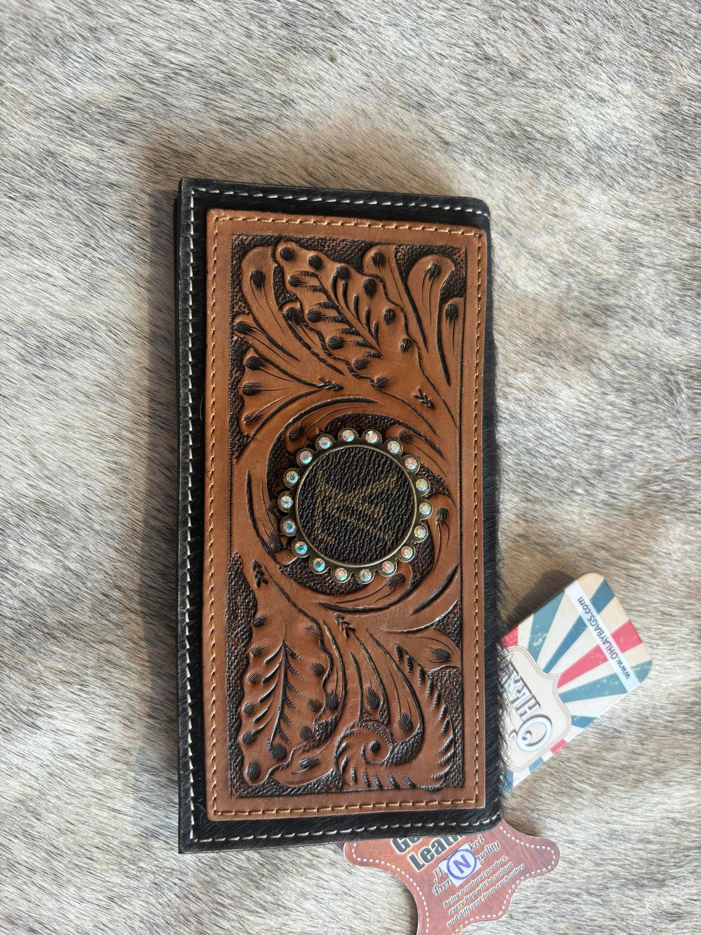 Upcycled LV Tooled Leather Cowhide Wallet Card Holder Boho