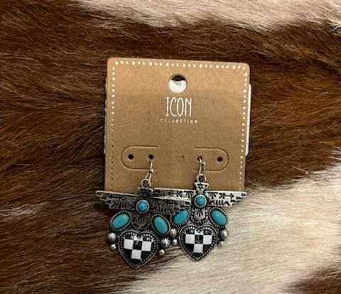 Checkered Print Western Native Thunderbird Earrings