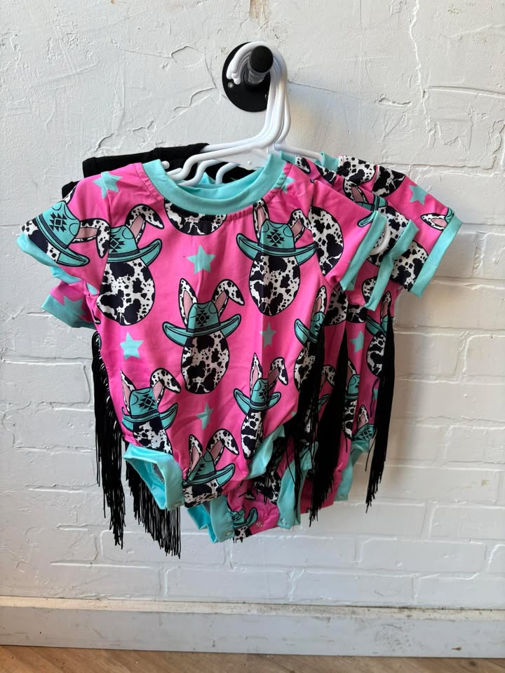 PINK WESTERN FRINGE EASTER EGG PRINTED ONESIE