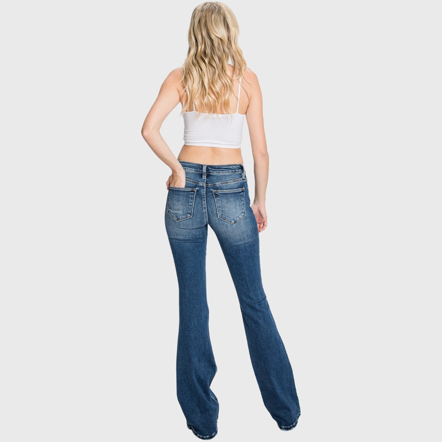BUTTON UP DISTRESSED LOW RISE STRETCH FLARE