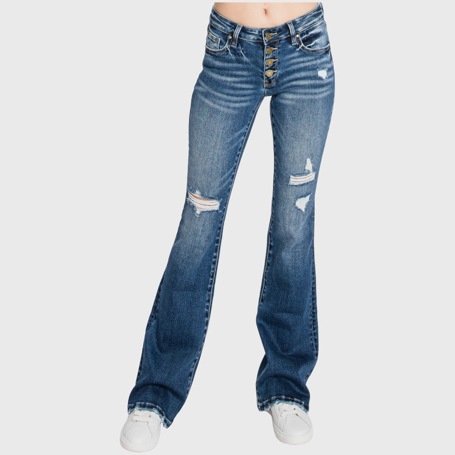 BUTTON UP DISTRESSED LOW RISE STRETCH FLARE