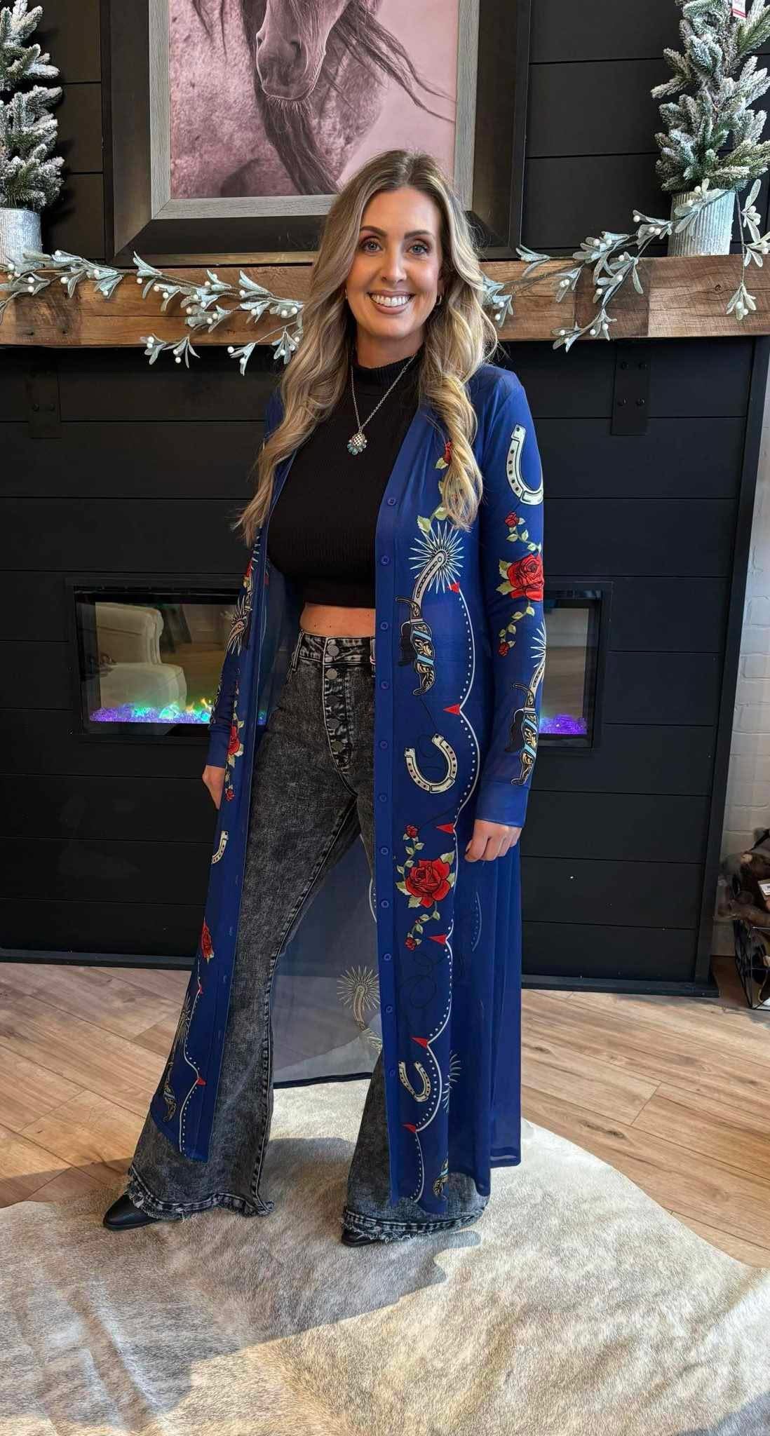 Denim floral spur printed mesh duster