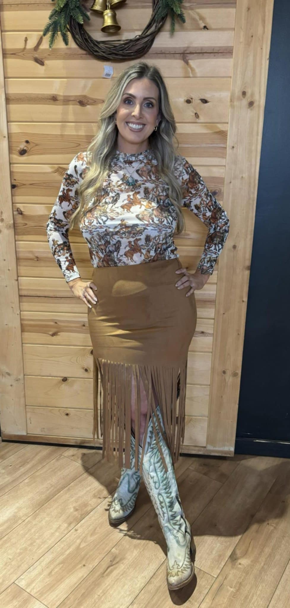 Camel stretch suede fringe hem skirt