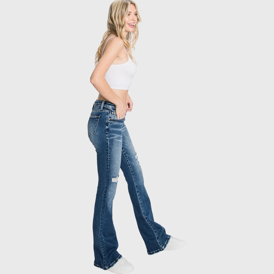 BUTTON UP DISTRESSED LOW RISE STRETCH FLARE