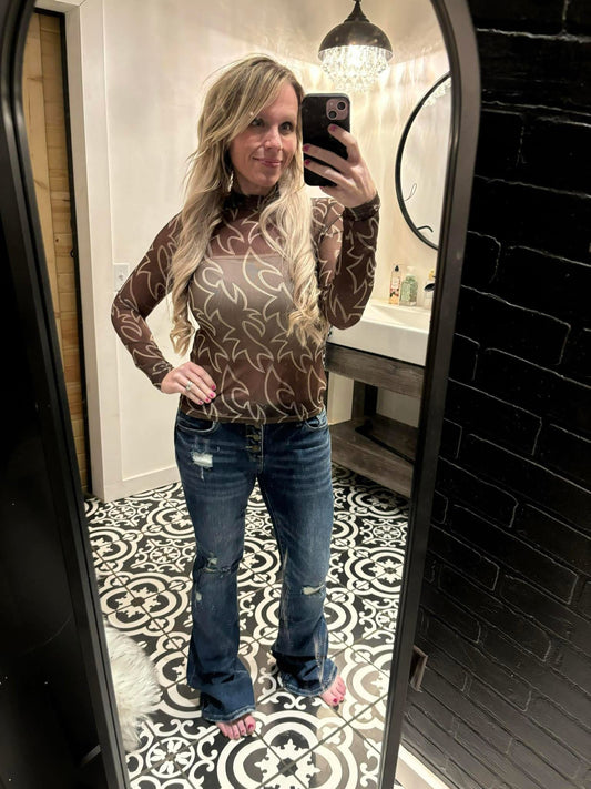 Boots Stitch Throughout Mesh Mock Neck Fitted Top