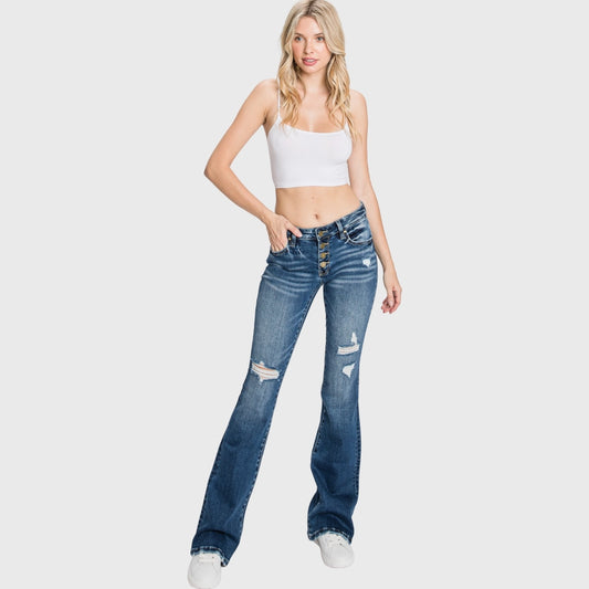 BUTTON UP DISTRESSED LOW RISE STRETCH FLARE