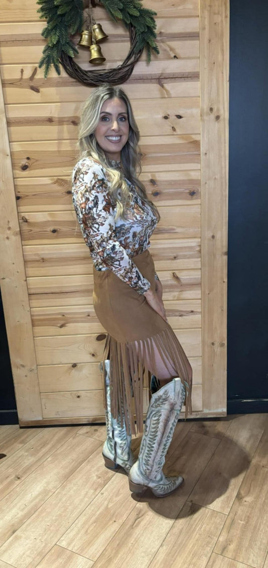 Camel stretch suede fringe hem skirt