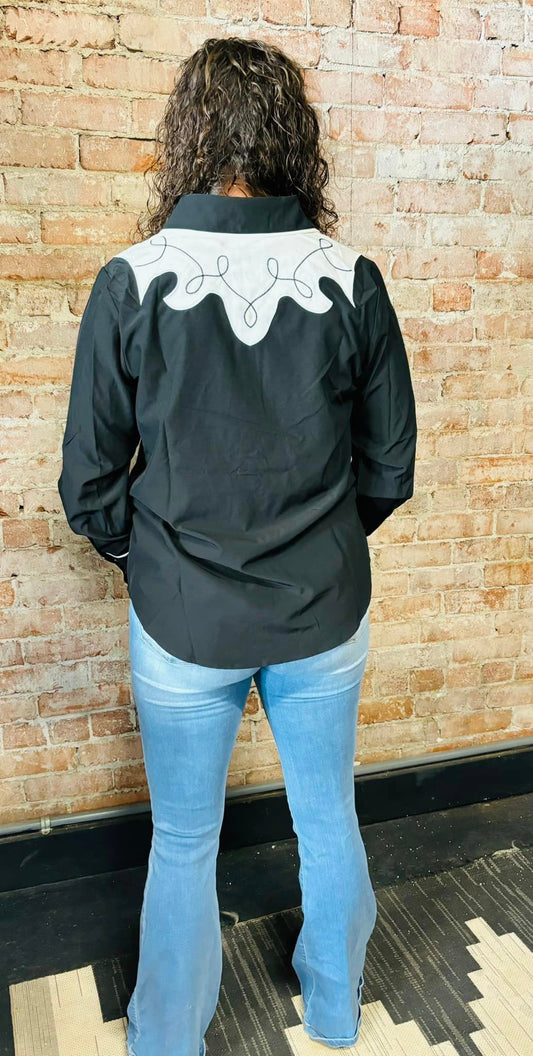 Black Button Down Shirt W White Embroidery Yoke