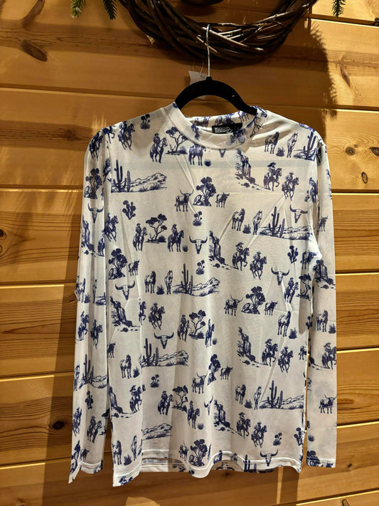 Western toile print long sleeve mesh top