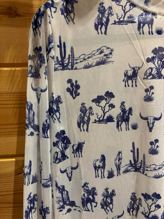 Western toile print long sleeve mesh top