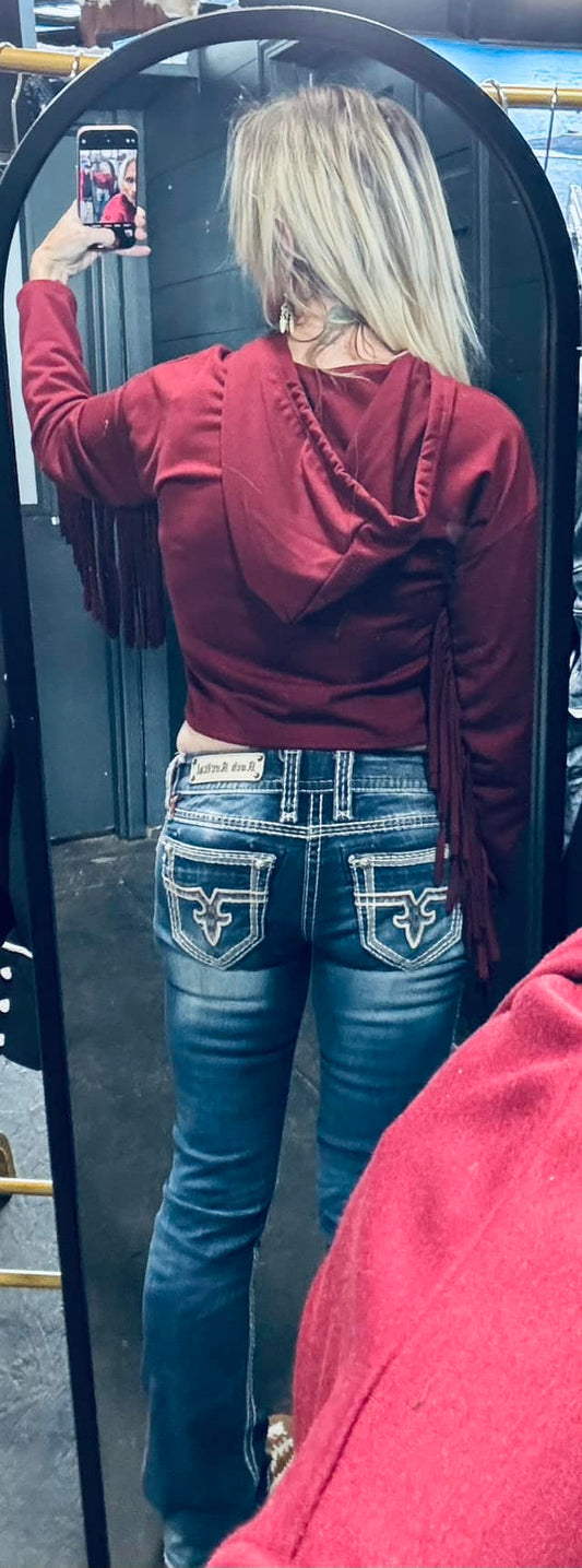 Burgundy Long Sleeve Fringe Crop Drawstring Hoodie