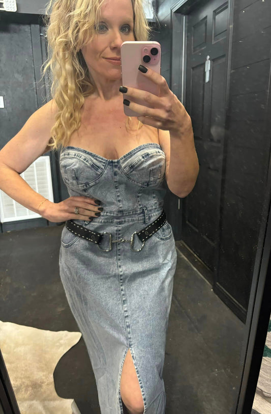 Acid Wash Denim Strapless Slit Maxi Dress