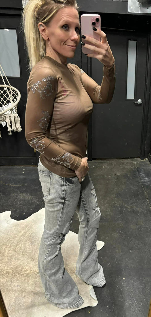 Dylan brown Rhinestone Embellished Mesh LS Top