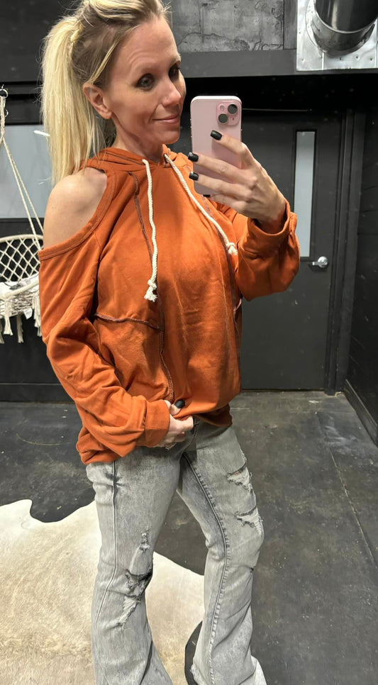 Cold Shoulder Drawstring Hoodie