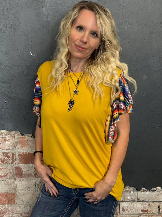 Serape Sunrise Mustard Ruffle Top