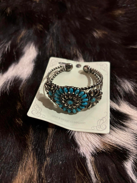 Western Flower Turquoise Stone Open Bangle