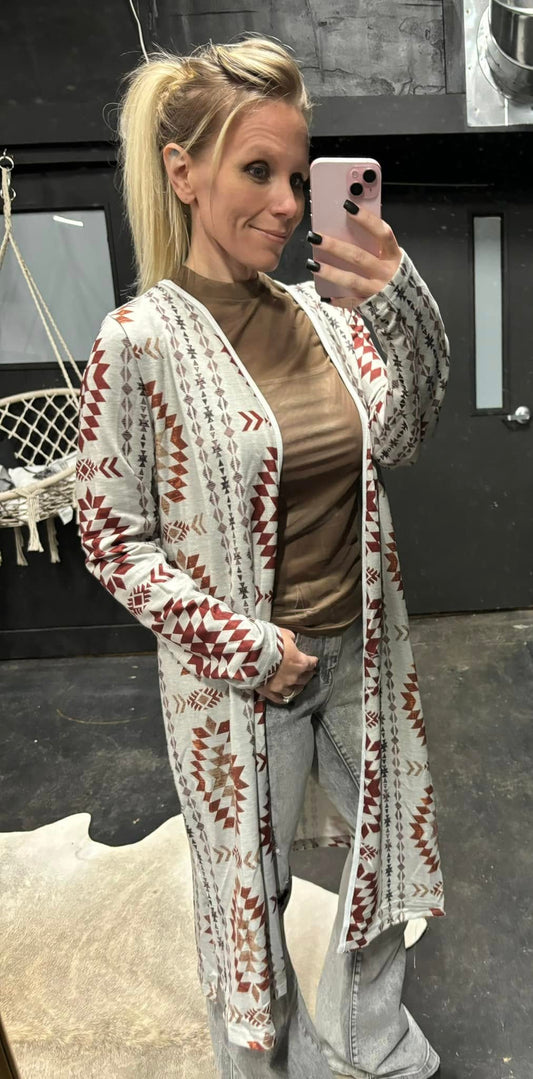 Aztec Open Front Long Cardigan