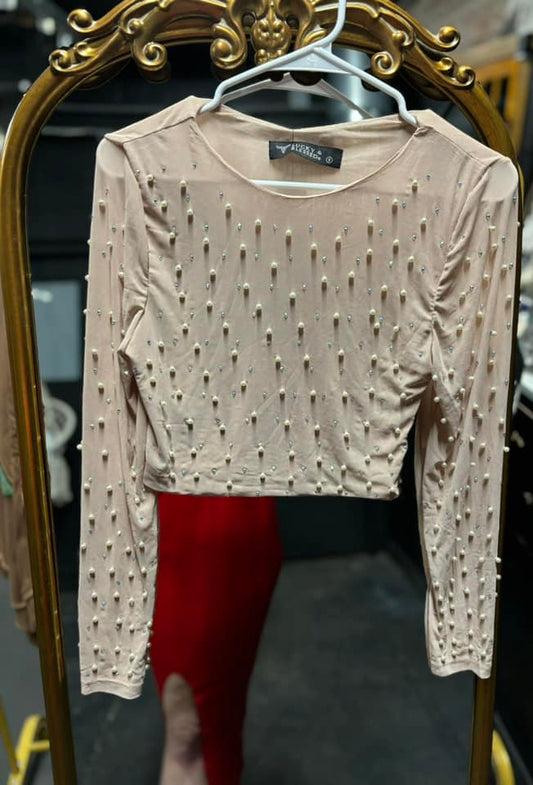 Cream Pearl Studded Long Sleeve Crop Top