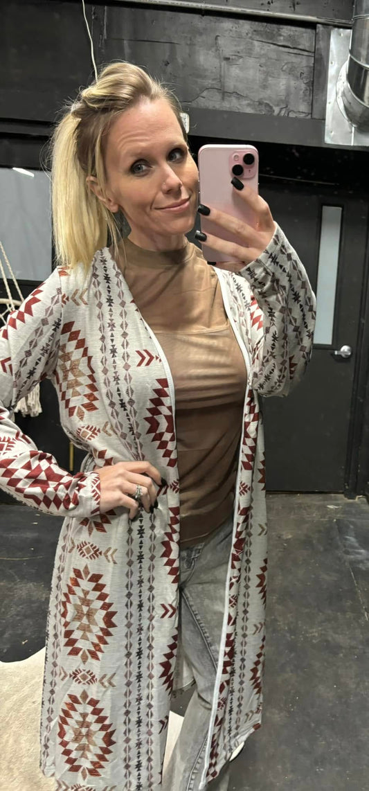 Aztec Open Front Long Cardigan