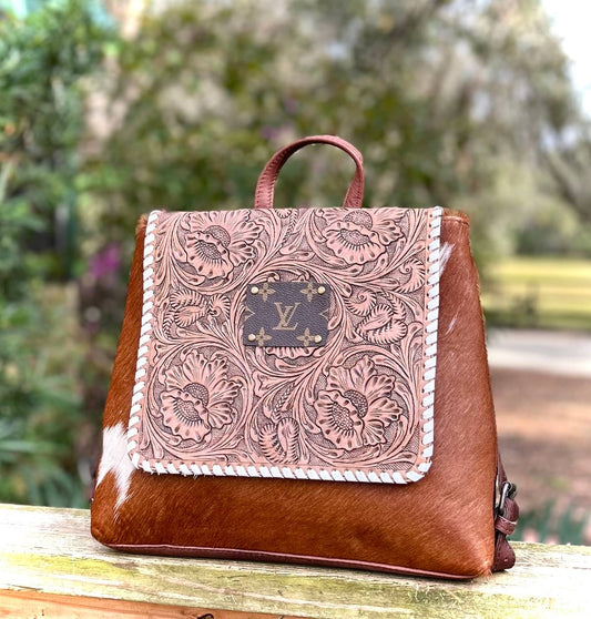 Upcycled LV Tooled Leather Cowhide Backpack Shoulder Bag