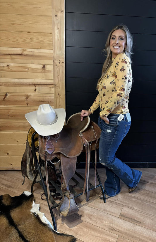 Vintage Cowboy Sheer Mock Neck Top