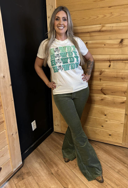 Olive Corduroy Flares with distressed hem