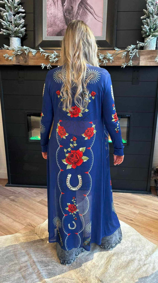 Denim floral spur printed mesh duster