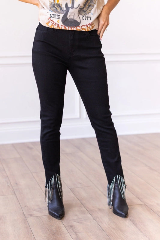 Black Skinny Jeans with Rhinestone Fringe Detail
