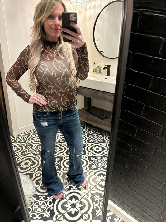 Boots Stitch Throughout Mesh Mock Neck Fitted Top