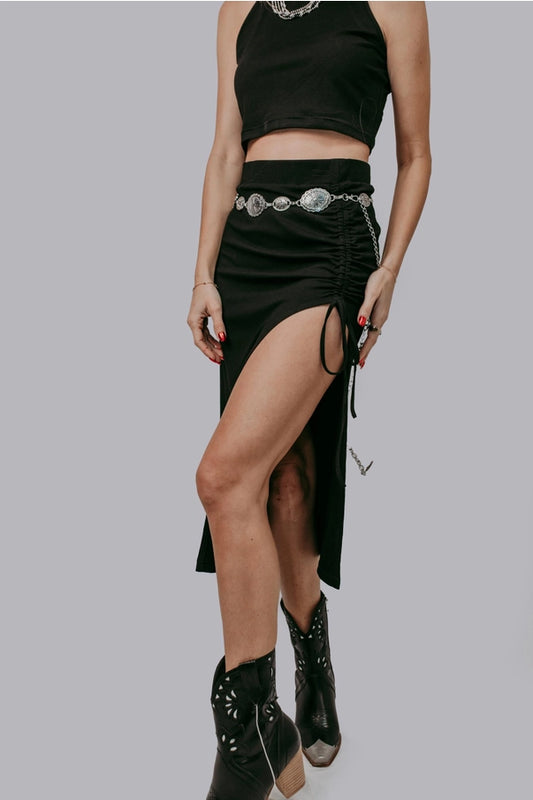 Scrunched side slit black skirt