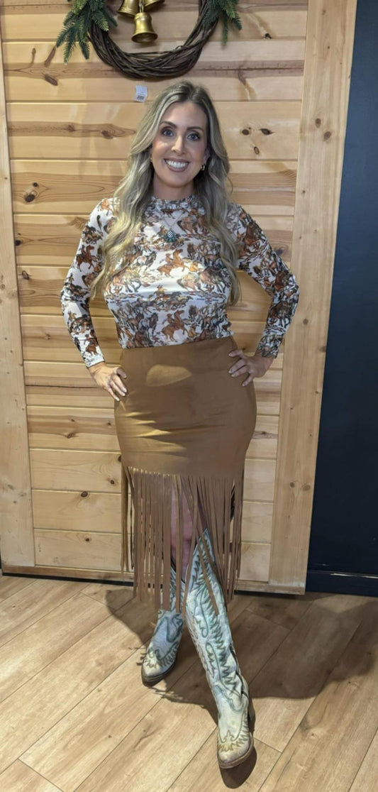 Camel stretch suede fringe hem skirt