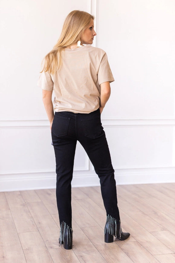 Black Skinny Jeans with Rhinestone Fringe Detail