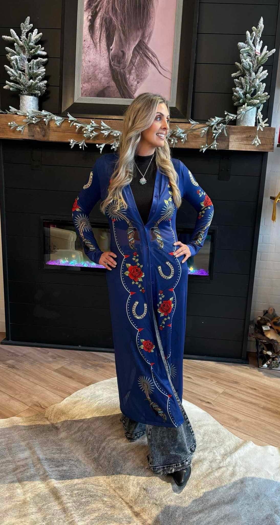 Denim floral spur printed mesh duster