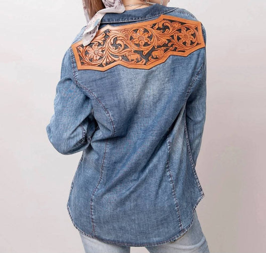 Genuine leather Women Denim cow shirt