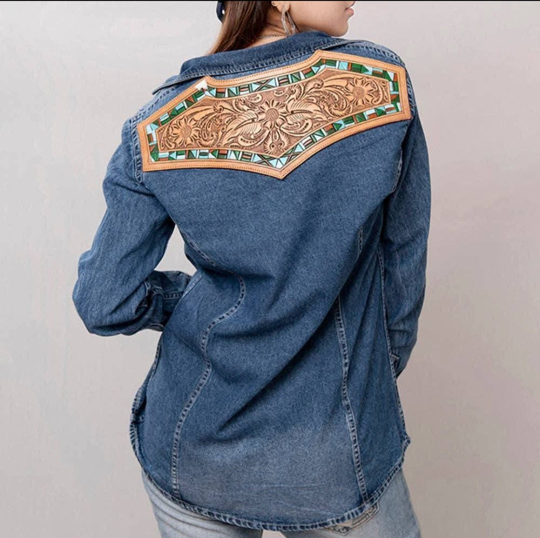 Genuine leather Women Denim shirt with turquoise