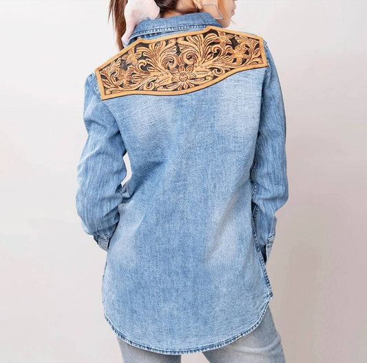 Genuine leather Women light Denim shirt