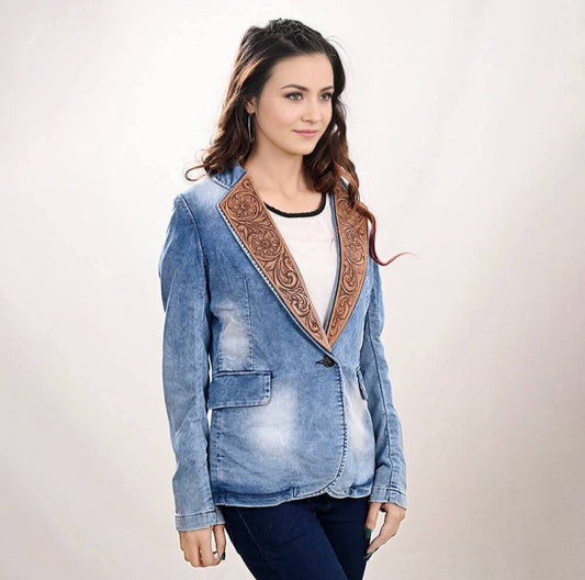 Genuine leather Women Denim Blazer