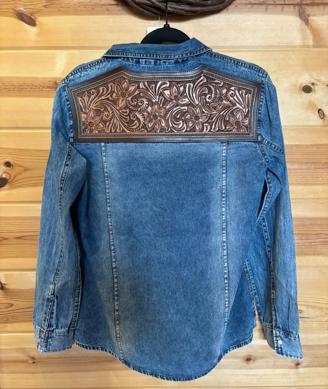 Genuine leather Women Denim shirt jacket-dots